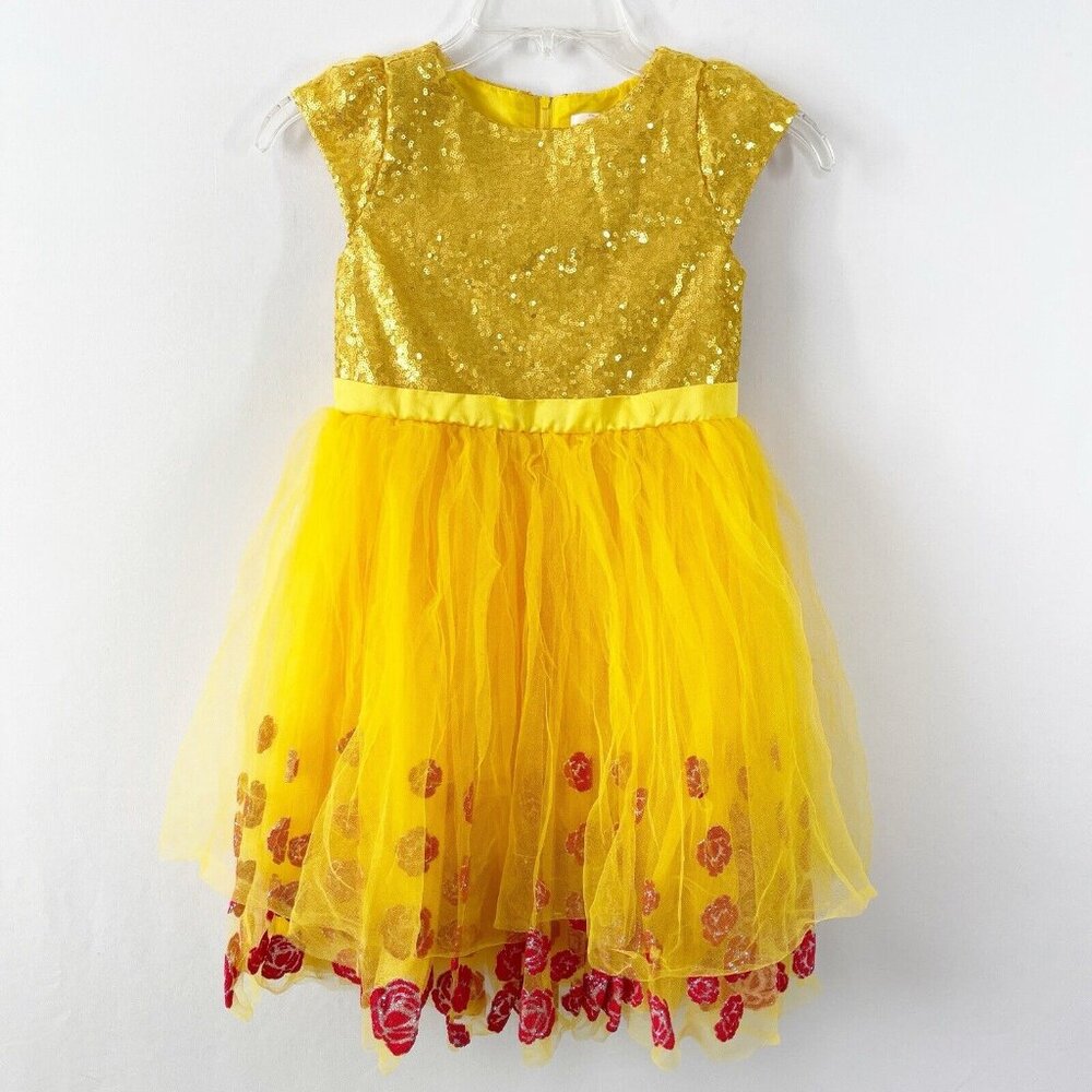 Disney Tutu Couture Girls Dress Yellow Belle Beauty & The Beast Sequins Tulle 6X
